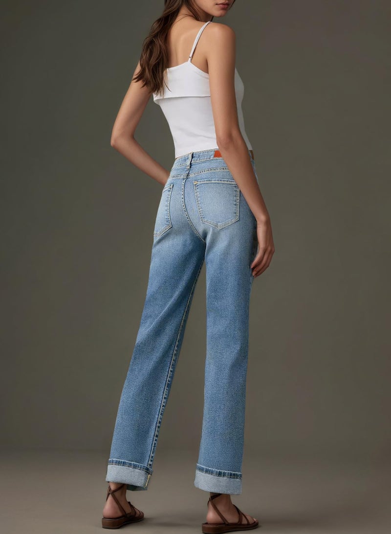 Sidefeel Women's Wide Leg Cuffed Jeans High Waisted Baggy Stretchy Denim Pants with Pockets Light Blue Size 12 - Image 4