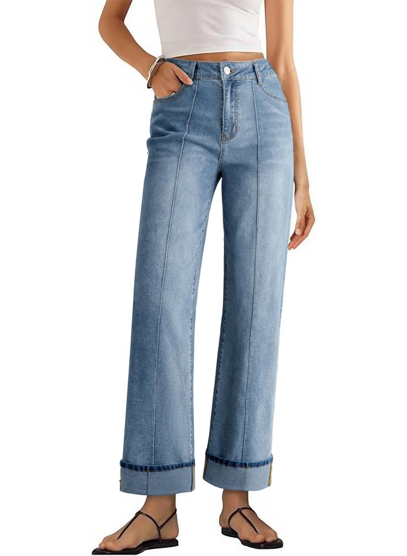 Sidefeel Women's Wide Leg Cuffed Jeans High Waisted Baggy Stretchy Denim Pants with Pockets Light Blue Size 12 - Image 1