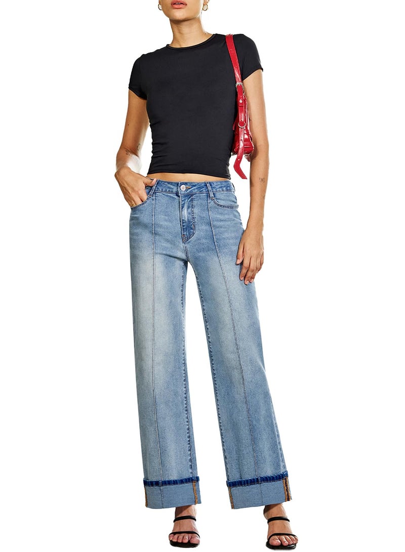 Sidefeel Women's Wide Leg Cuffed Jeans High Waisted Baggy Stretchy Denim Pants with Pockets Light Blue Size 12 - Image 5