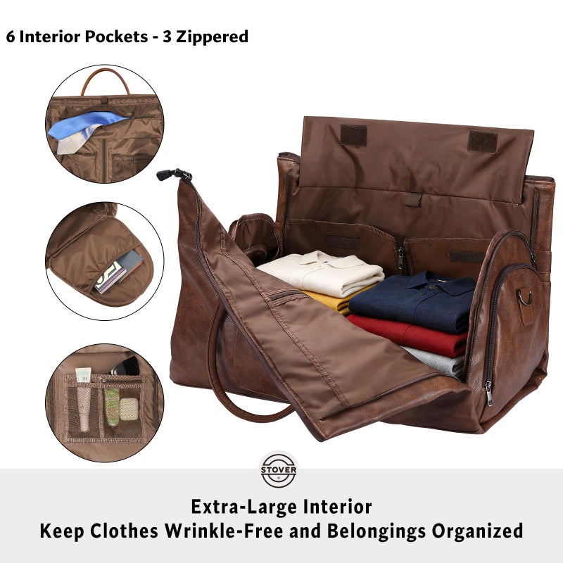 STOVER Garment Travel Duffle Bag, Large 2-in-1 Convertible Carry-on Luggage for Men & Women- Hanging Suits, Dresses & Clothes + Shoe Compartment- Weekender Tote Combo Duffel (Brown Leatherette) - Image 3