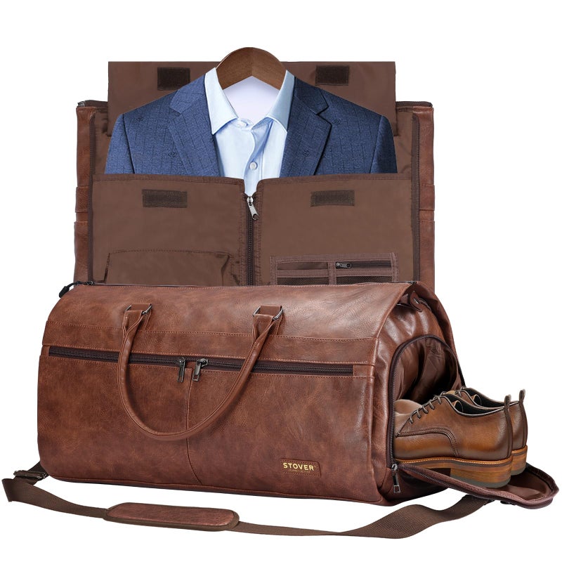 STOVER Garment Travel Duffle Bag, Large 2-in-1 Convertible Carry-on Luggage for Men & Women- Hanging Suits, Dresses & Clothes + Shoe Compartment- Weekender Tote Combo Duffel (Brown Leatherette) - Image 1