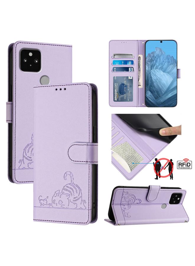 زبون جراب لهاتف Google Pixel 5 من الجلد المنقوش بنمط قطة وفأر بتقنية RFID مع حبل تعليق - Image 1