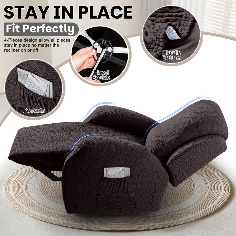 VANSOFY Recliner Chair Covers, 4-Pieces Stretch Recliner Cover Jacquard Soft Reclining Chair Slipcover Furniture Protector with Elastic Bottom for Lazy Boy Recliner(Chocolate) - Image 3