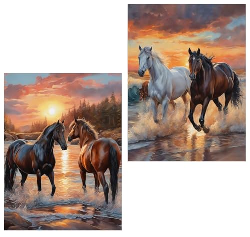 Meothan 2 Pack Diamond Painting Kits for Adults 5D DIY Horse Diamond Art Kits for Adults Full Drill Round Paint Diamond Dots Gems Art Crafts Painting Kits for Home Wall Decor 12x16Inch Animals - Image 1