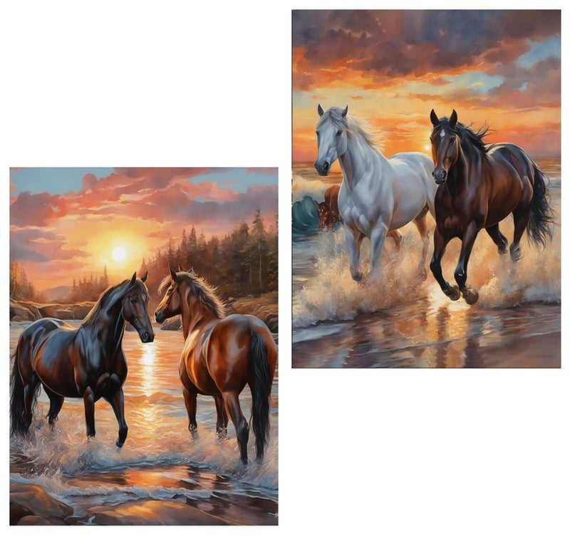 Meothan 2 Pack Diamond Painting Kits for Adults 5D DIY Horse Diamond Art Kits for Adults Full Drill Round Paint Diamond Dots Gems Art Crafts Painting Kits for Home Wall Decor 12x16Inch Animals - Image 2