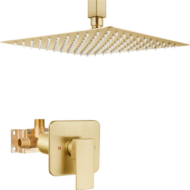 Heyalan Shower Faucet Set Square Stainless Steel Bathroom Rainfall Shower System One Handle Single Function Shower Trim Kit with Roughin Valve Male ThreadCeiling Mount12 InchBrushed Gold - Image 2