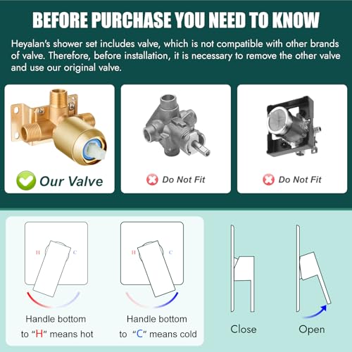 Heyalan Shower Faucet Set Square Stainless Steel Bathroom Rainfall Shower System One Handle Single Function Shower Trim Kit with Roughin Valve Male ThreadCeiling Mount12 InchBrushed Gold - Image 3