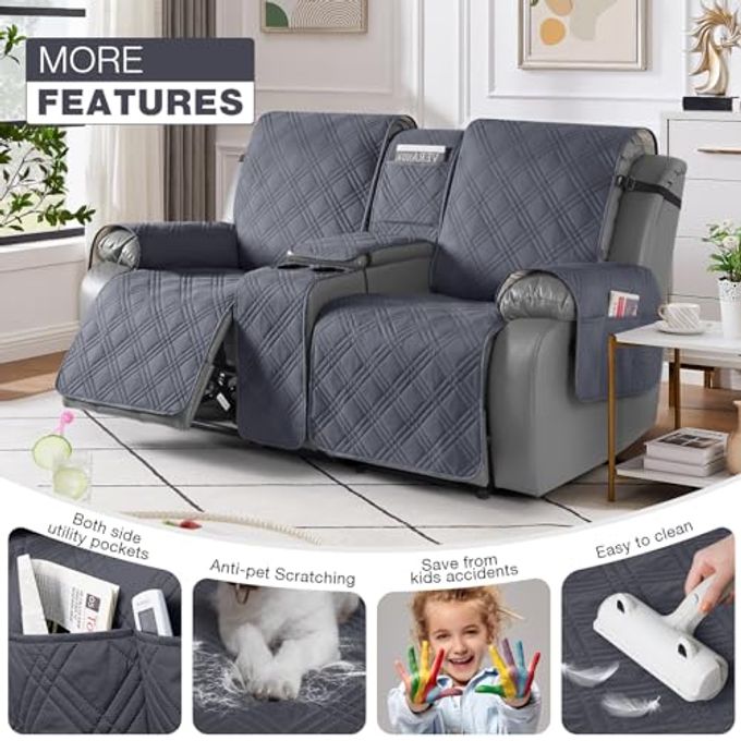 TAOCOCO Loveseat Recliner Cover with Console, Non-Slip Split Reclining Pet Cover for Dual Loveseat Recliner, Furniture Protector with Elastic Straps (2 Seater, Dark Grey) - Image 3