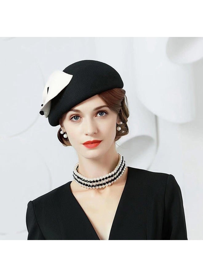 ORIDOOR Women Vintage 100% Wool Felt Flowers Bucket Cloche Bowler Hat Church Wedding Dress Fascinator Hat Winter Felt Fedoras, 013 Black&white, One size - Image 2