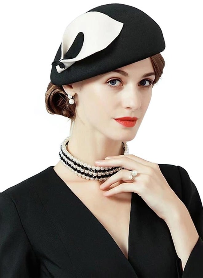 ORIDOOR Women Vintage 100% Wool Felt Flowers Bucket Cloche Bowler Hat Church Wedding Dress Fascinator Hat Winter Felt Fedoras, 013 Black&white, One size - Image 1