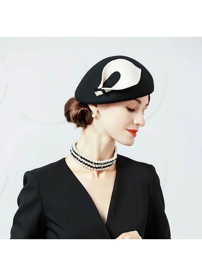 ORIDOOR Women Vintage 100% Wool Felt Flowers Bucket Cloche Bowler Hat Church Wedding Dress Fascinator Hat Winter Felt Fedoras, 013 Black&white, One size - Image 3
