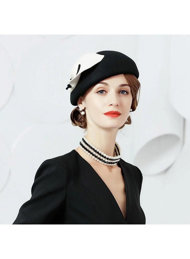 ORIDOOR Women Vintage 100% Wool Felt Flowers Bucket Cloche Bowler Hat Church Wedding Dress Fascinator Hat Winter Felt Fedoras, 013 Black&white, One size - Image 4
