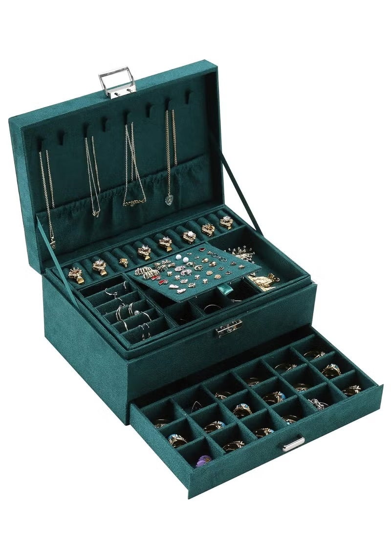 Shein Women Jewelry Organizer Box, 3-layer Velvet Boxes Display Storage Case With Lock For Rings Necklace Earrings, Green cm - Image 2