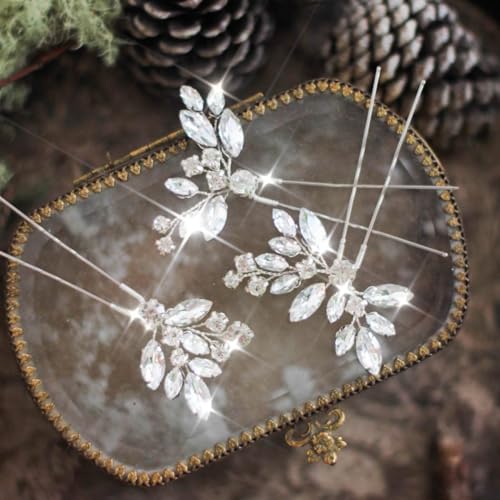 Unicra Bride Wedding Crystal Hair Pins Flower Bridal Hair Pieces Wedding Hair Accessories for Women and Girls Pack of 3 (Silver) - Image 2