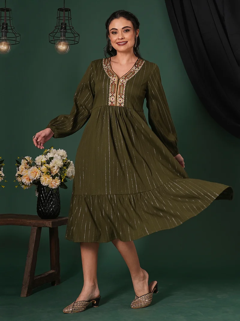 globus Women Embroidered V-Neck Bishop Sleeves Shimmer Tiered A-Line Midi Festive Dress