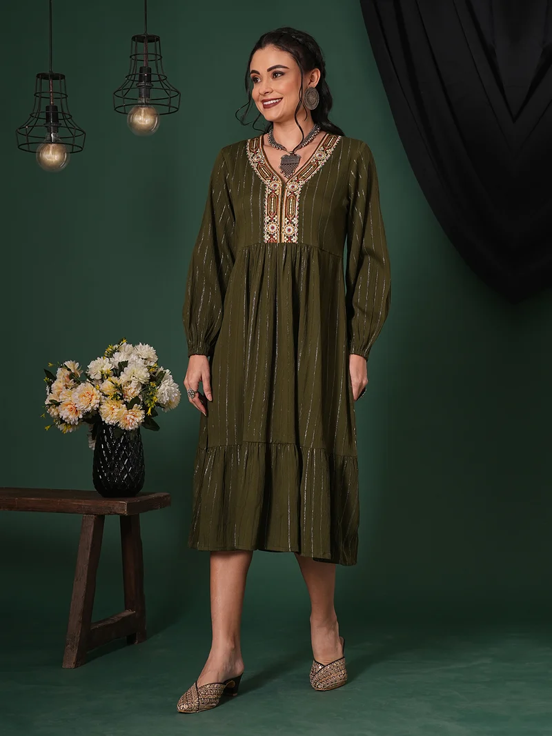 globus Women Embroidered V-Neck Bishop Sleeves Shimmer Tiered A-Line Midi Festive Dress