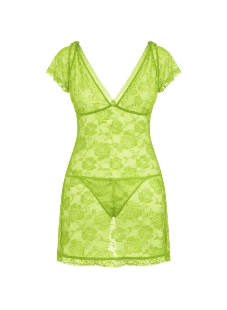 Cute Light Green Floral Lace Mini Dress with Tie Shoulder Detail and Breathable Sheer Fabric - Image 2
