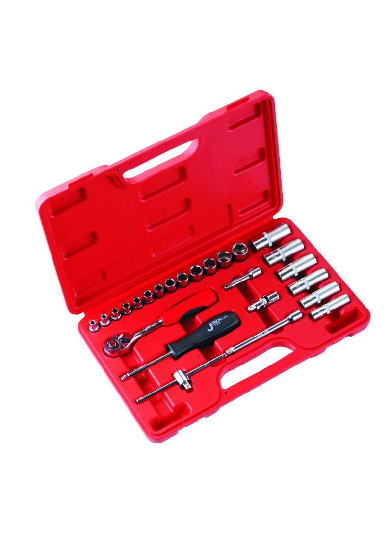 jetechtool Jetech 25-Piece 1/4-Inch Drive Socket Set, 6-Point Metric Cr-V Sockets, 4–14mm Standard & Deep Sockets, Quick-Release Ratchet, Extension Bars, Sliding Rod & Spinner Handle – SK1/4-25SP - Image 1