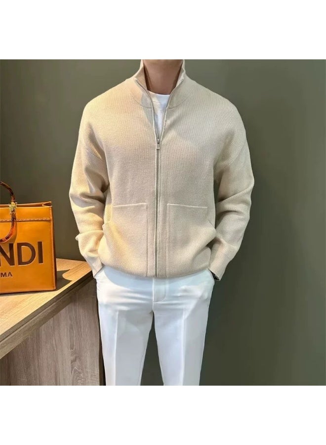 general Versatile solid-color zipper pullover men's knitted sweater for autumn and winter, British slim-fit coat, men's stand-up collar, semi-high outerwear - Image 1