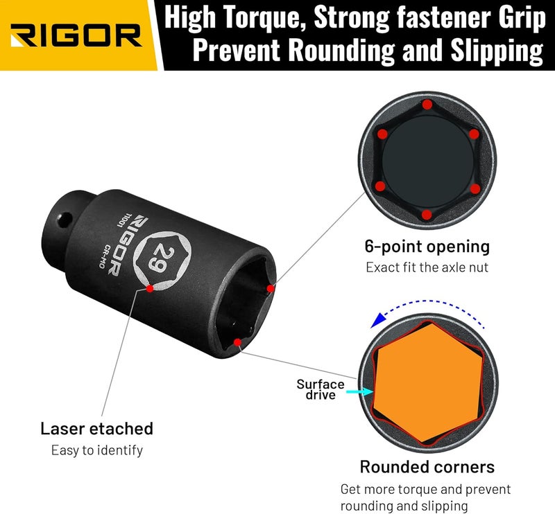 Rigor 11001 29mm Axle Nut Impact Socket | 1/2-Inch Drive, 6 Point, Deep, CR-MO, Metric | Quick-Fit for Hog Ring Anvil | Laser Etched - Image 3