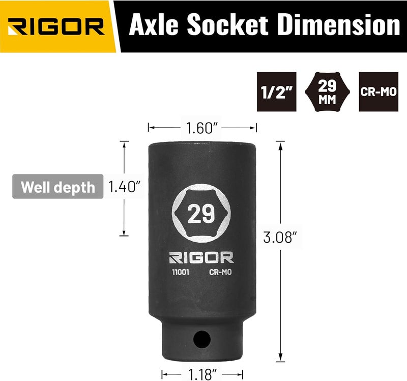 Rigor 11001 29mm Axle Nut Impact Socket | 1/2-Inch Drive, 6 Point, Deep, CR-MO, Metric | Quick-Fit for Hog Ring Anvil | Laser Etched - Image 2