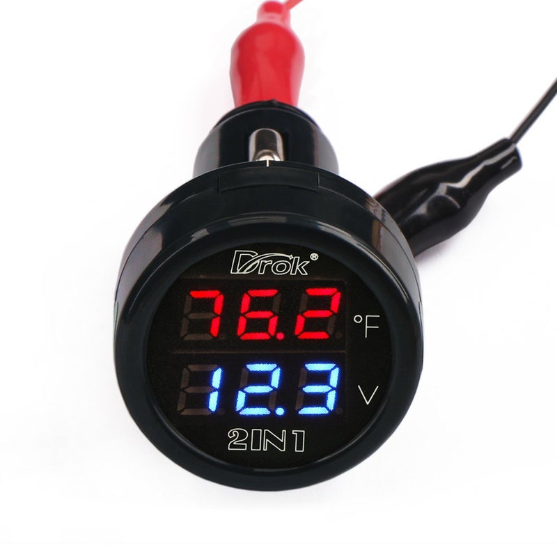DROK Digital DC Voltage 10-170 Degree Fahrenheit Temperature Monitor Car Motorcycle Battery Voltmeter Thermometer 12V 24V Temp Volt Tester Multimeter - Image 1