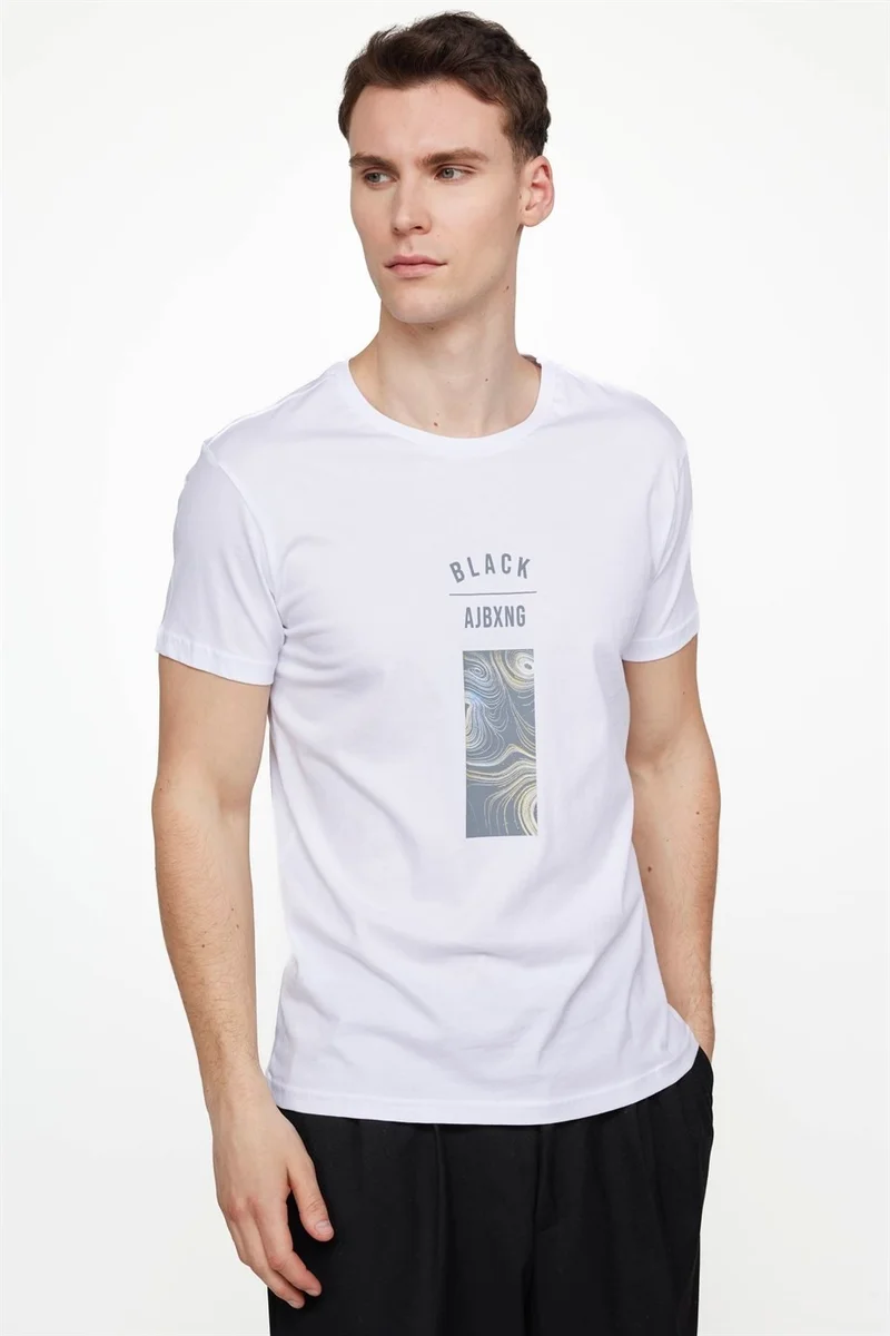 تودورس Men's Crew Neck Slim Fit Cotton Printed White T-Shirt