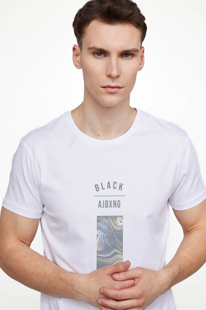 تودورس Men's Crew Neck Slim Fit Cotton Printed White T-Shirt
