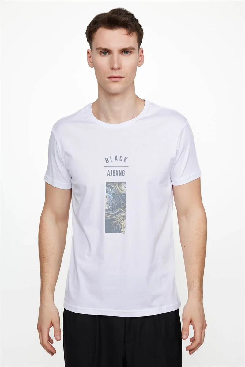 تودورس Men's Crew Neck Slim Fit Cotton Printed White T-Shirt