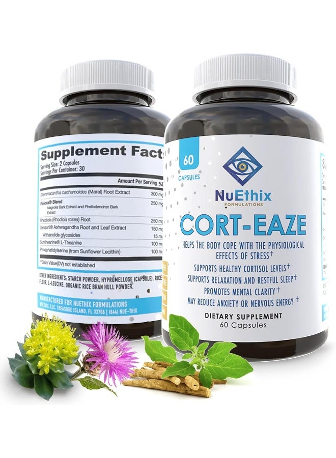 NuEthix Formulations Cort-Eaze - Cortisol Manager - Health Support Supplement With Ashwagandha, L-Theanine & Rhodiola Rosea - Relaxation And Better Sleep, 60 Capsules, 30 Servings  - Image 1