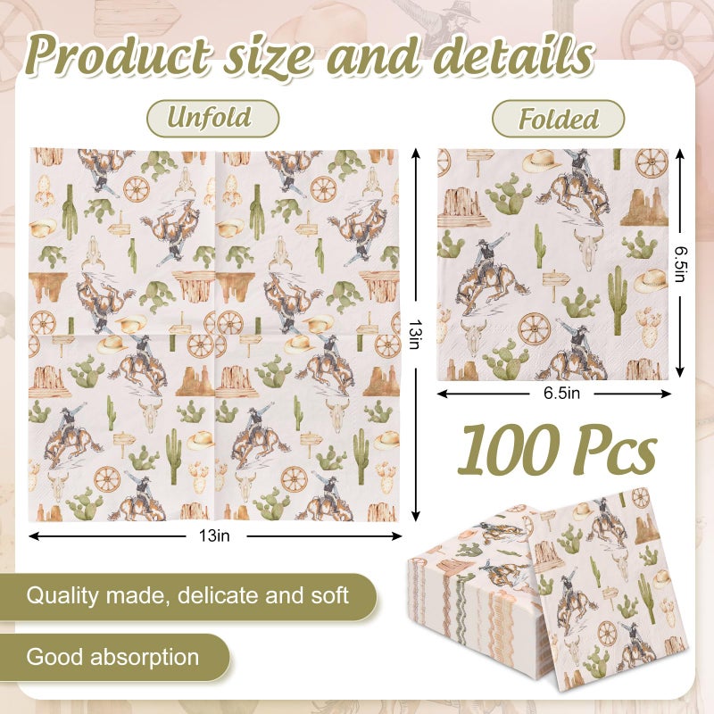JarThenaAMCS JarThenaAMCS 100Pcs Western Cowboy Paper Napkin Wild West Rodeo Disposable Luncheon Napkins Tropical Dessert Dinner Hand Napkin for Birthday Baby Shower  - Image 2