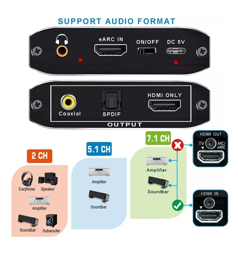Tobo 8K HDMI 2.1 eARC Audio Extractor 7.1CH HDMI ARC eARC to Coaxial Optical Toslink SPDIF Stereo Analog Audio Return Channel Adapter-TD-905H. - Image 5
