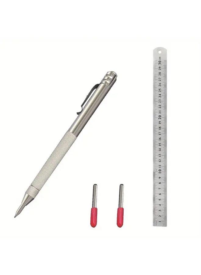 4 Pack Tungsten Carbide Scriber Pen With 2 Tips Steel Ruler Knurled Aluminum Handle Magnet For Glass Ceramics Metal Sheet 1 Set - Image 1