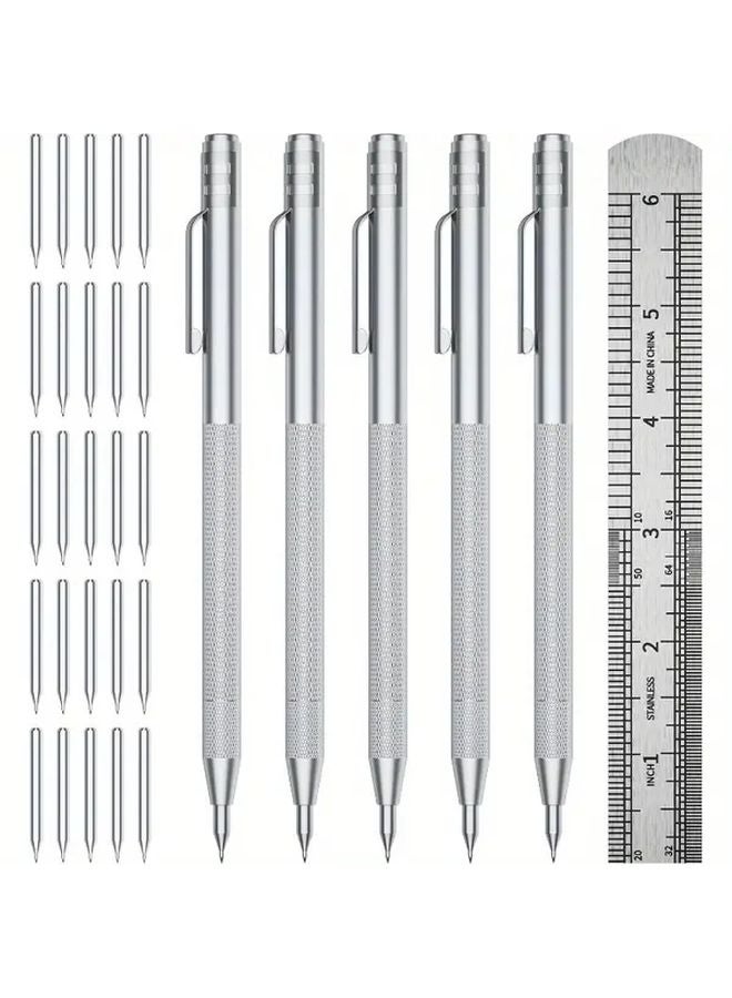 4 Pack Tungsten Carbide Scriber Pen With 2 Tips Steel Ruler Knurled Aluminum Handle Magnet For Glass Ceramics Metal Sheet 1 Set - Image 2
