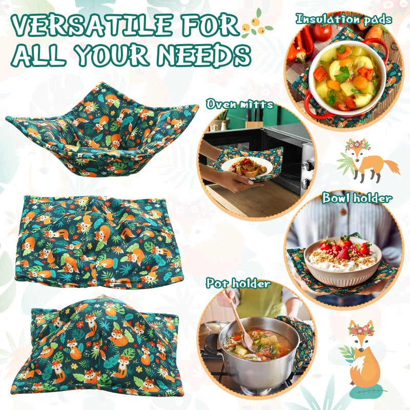 Cunhill 4 Pcs Cotton Microwave Bowl Cozy Holders for Hot Food Hot Pads Soup Bowl Potholders Heat Resistant Multipurpose Quilted Safe Holders for Kitchen Plate Supply(Dark Green,Fox Style) - Image 3