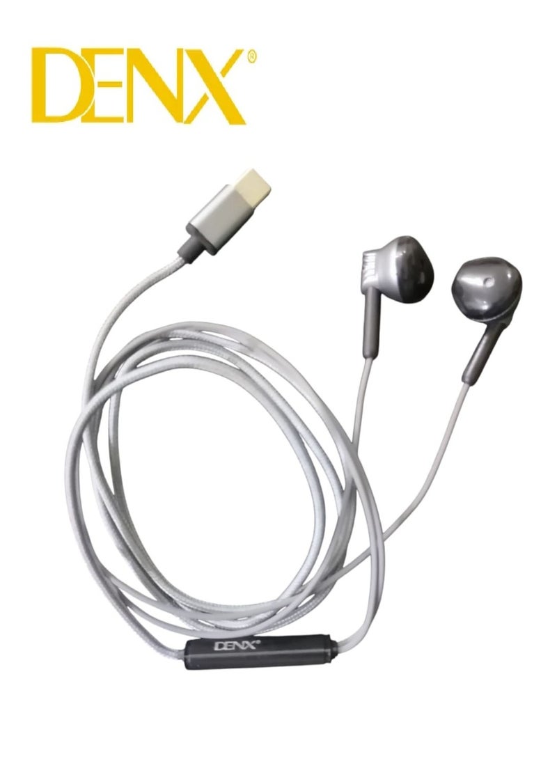 Denx Type-C Wired Earphone with Microphone - Silver/Black DX346-B - Image 1