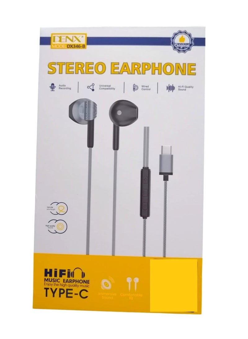 Denx Type-C Wired Earphone with Microphone - Silver/Black DX346-B - Image 2