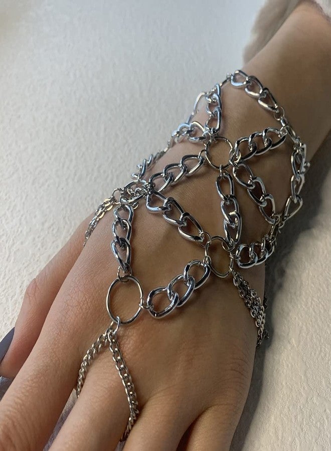 Asphire Gothic Metal Bracelet with Finger Ring Chain Tassel Braided Mesh Punk Slave Bracelet Cosplay Party Harness for Festival Costume Hand Jewelry Accessories (Silver) - Image 2