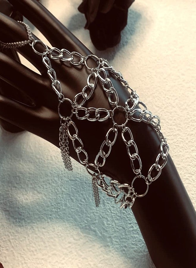 Asphire Gothic Metal Bracelet with Finger Ring Chain Tassel Braided Mesh Punk Slave Bracelet Cosplay Party Harness for Festival Costume Hand Jewelry Accessories (Silver) - Image 4