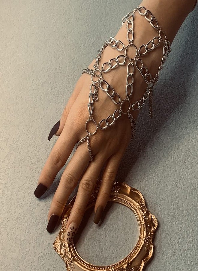 Asphire Gothic Metal Bracelet with Finger Ring Chain Tassel Braided Mesh Punk Slave Bracelet Cosplay Party Harness for Festival Costume Hand Jewelry Accessories (Silver) - Image 3