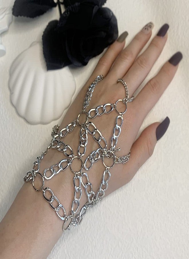 Asphire Gothic Metal Bracelet with Finger Ring Chain Tassel Braided Mesh Punk Slave Bracelet Cosplay Party Harness for Festival Costume Hand Jewelry Accessories (Silver) - Image 5