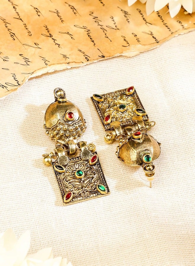 روباني طقم عقد قبلي مطلي بالذهب العتيق المؤكسد من روبانز، مزين بأحجار حمراء وخضراء على شكل قبة، للنساء - لإطلالات احتفالية وعرقية - Image 5