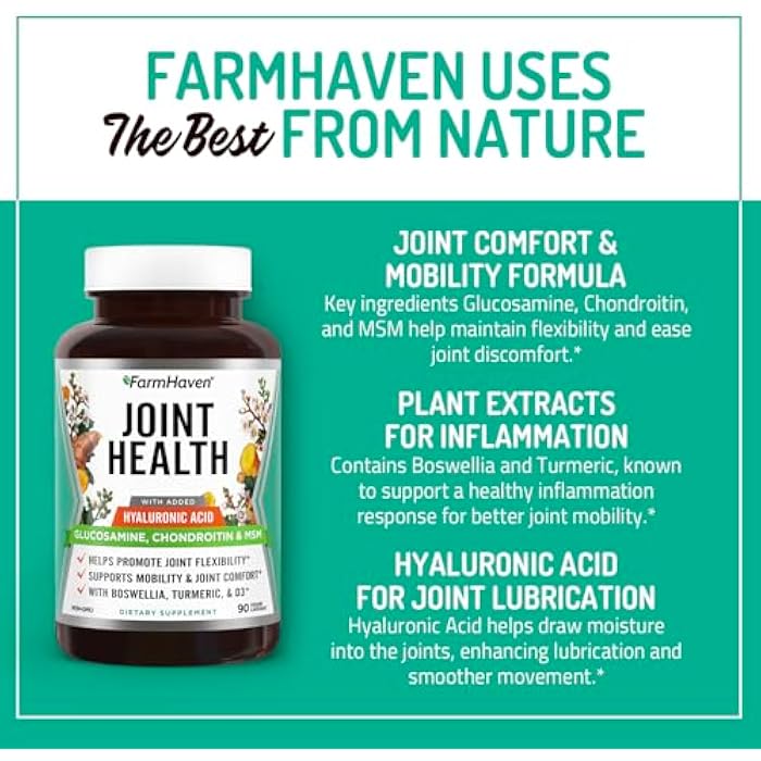FarmHaven Glucosamine Chondroitin MSM with Boswellia, Turmeric| Added Hyaluronic Acid & Vitamin D3 | Promotes Joint & Muscle Health & Inflammation Response | Non-GMO & Gluten Free | 90 Capsules - Image 2