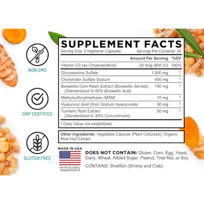 FarmHaven Glucosamine Chondroitin MSM with Boswellia, Turmeric| Added Hyaluronic Acid & Vitamin D3 | Promotes Joint & Muscle Health & Inflammation Response | Non-GMO & Gluten Free | 90 Capsules - Image 4