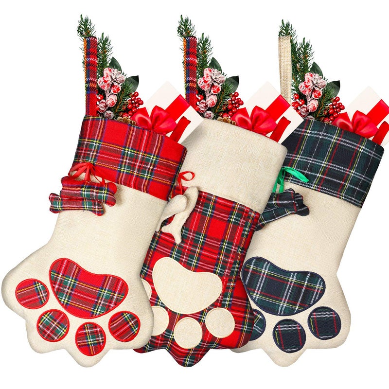 Syhood 3 Pieces Pet Christmas Stockings Dog Cat Christmas Stockings 18 Paw Pattern Stockings for Xmas Tree Fireplace Hanging Christmas Party Decorations GiftSimple PlaidLinenCotton