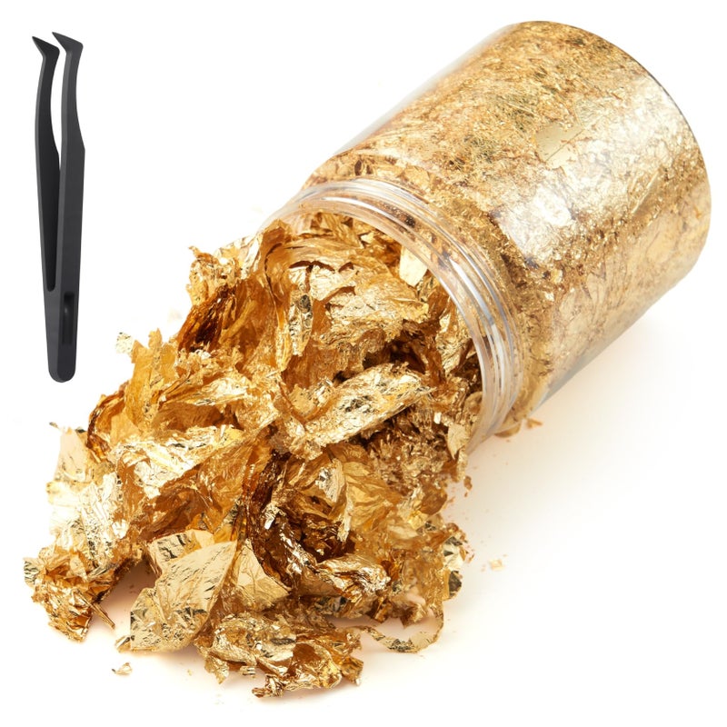 FOJOO Gold Leaf Flakes with Tweezers,10g Metallic Gold Foil Flakes for Resin, with Tweezers, Imitation for Nail Art, Crafts, Slime, Painting, Jewelry Making, DIY Craft Supplies - Image 1
