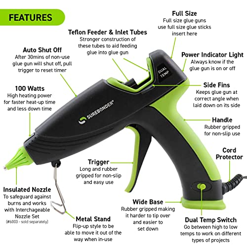 Surebonder Hot Glue Gun and Glue Sticks, Full Size 100W Dual Temperature Hot Glue Gun with 20 All Purpose Glue Sticks, 30 Minute Auto-Shut-Off, Black - Image 3