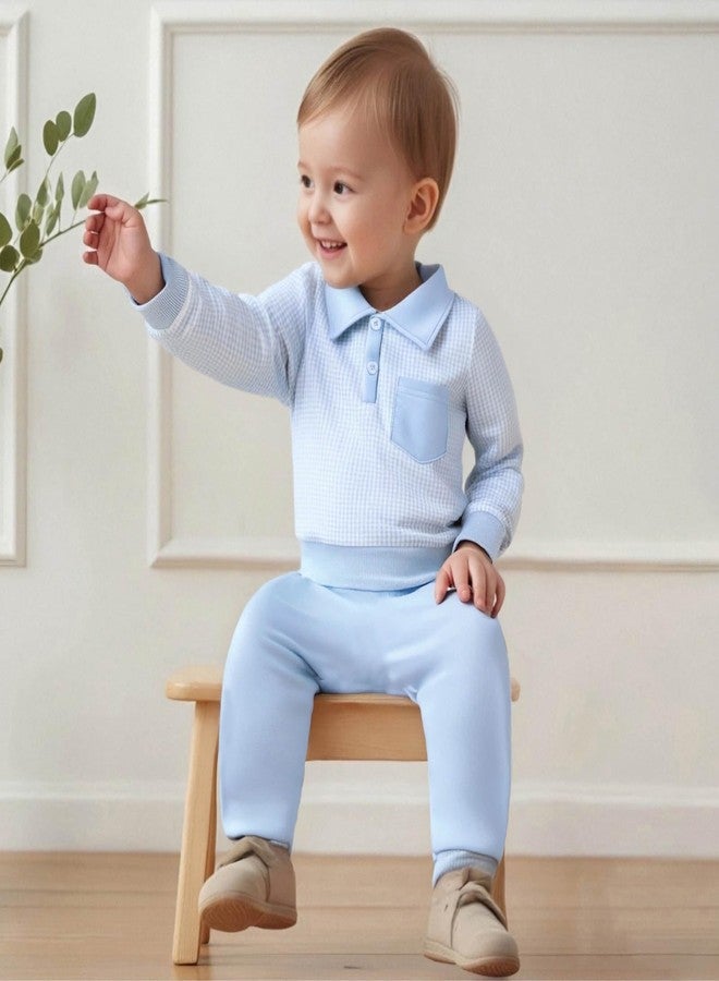 FOCUSNORM Toddler Baby Boy Clothes Plaid Long Sleeve Sweatshirt Pullover Tops + Joggers Pants Infant Boy Fall Winter Outfits (Cute Blue, 12-18 Months) - Image 4