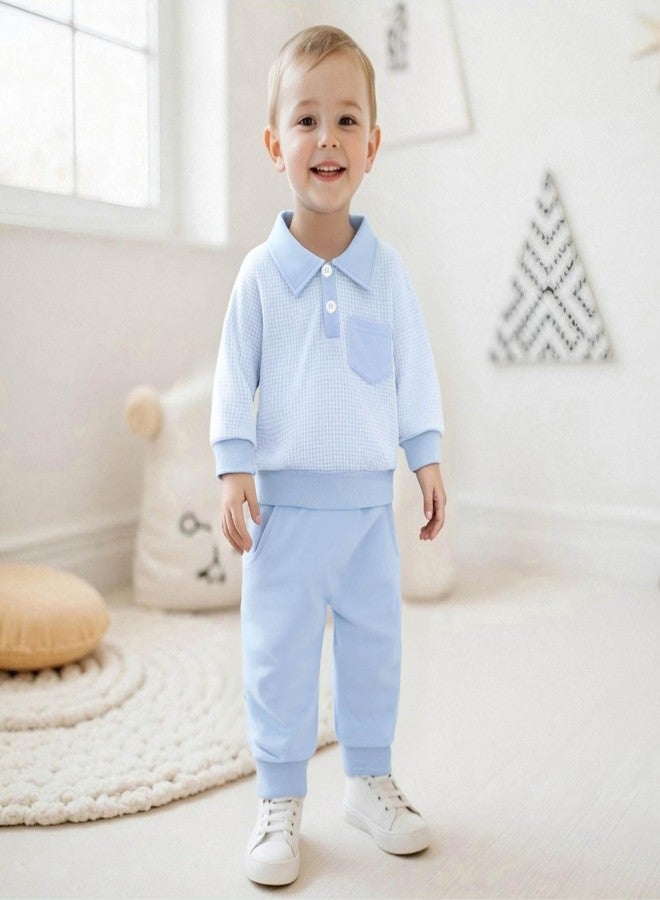 FOCUSNORM Toddler Baby Boy Clothes Plaid Long Sleeve Sweatshirt Pullover Tops + Joggers Pants Infant Boy Fall Winter Outfits (Cute Blue, 12-18 Months) - Image 2