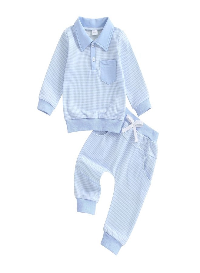 FOCUSNORM Toddler Baby Boy Clothes Plaid Long Sleeve Sweatshirt Pullover Tops + Joggers Pants Infant Boy Fall Winter Outfits (Cute Blue, 12-18 Months) - Image 1